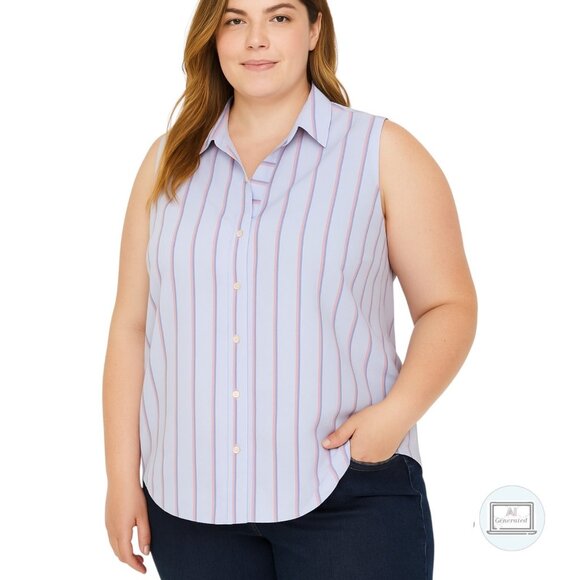 Talbots Womens Non Iron Shirt Button Blouse Sleeveless Blue Stripe Plus Size 24W - Picture 1 of 11